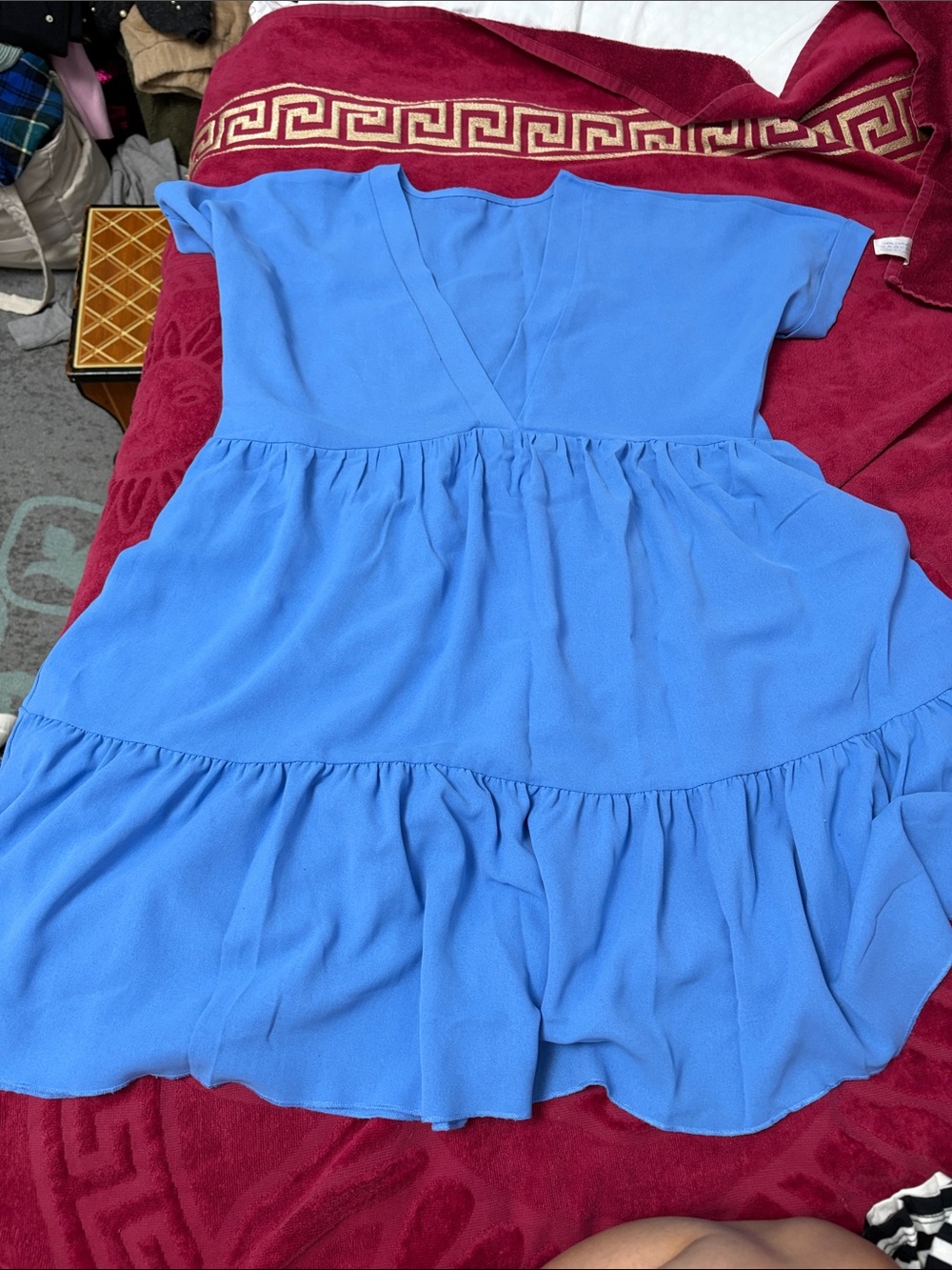 SHEIN Blue V-Neck Tiered Short Sleeve Dress
